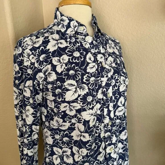 NWOT Polo Ralph Lauren Womens Floral Cotton Knit Oxford Shirt Navy White Medium - Picture 8 of 14